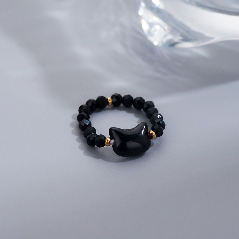 黑瑪瑙貓咪彈力串珠戒指