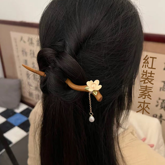 桃木玉蘭花流蘇發簪