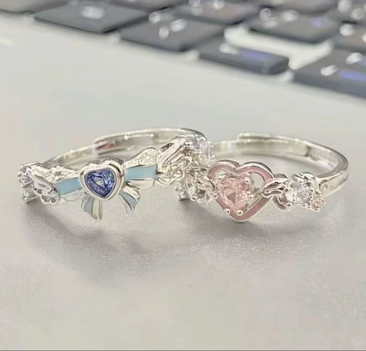 粉藍愛心蝴蝶結對戒